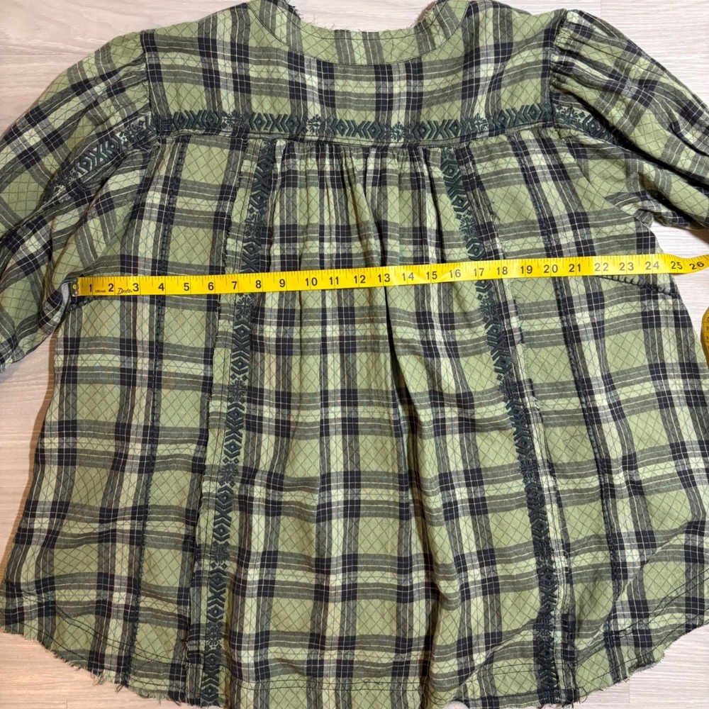 Free People Blouse Women Green Plaid Embroidered Henley Boho Raw Hem Size S - Picture 13 of 16